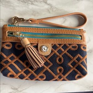 Navy and Tan Geometric Wristlet with Tassel